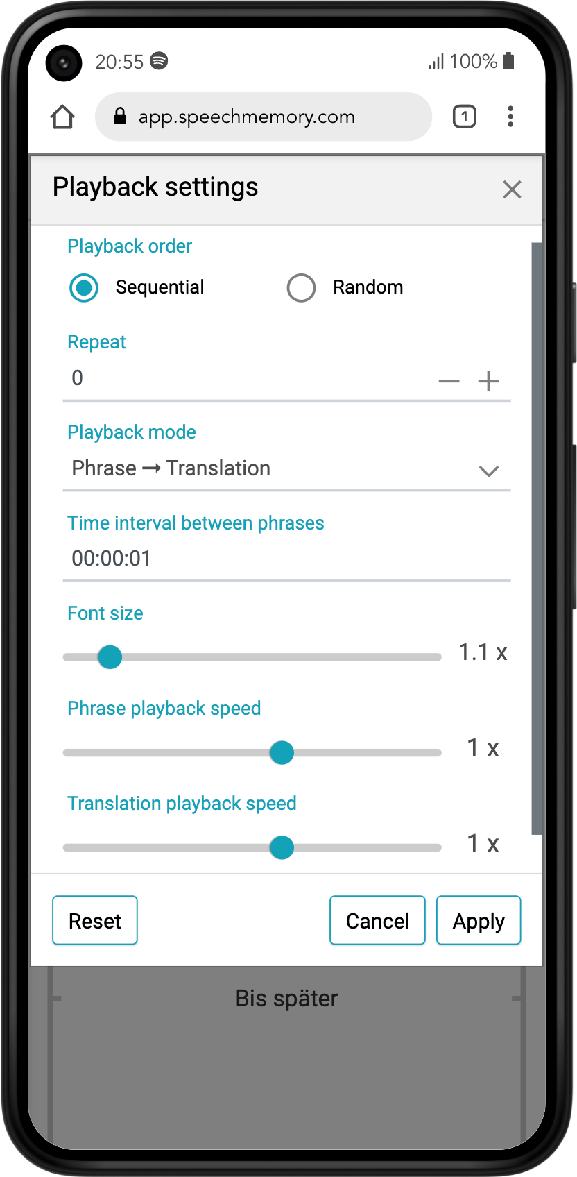 Speech Memory app showing playback settings for player, including options for order, repetition, playback mode, time interval, font size, and playback speed.