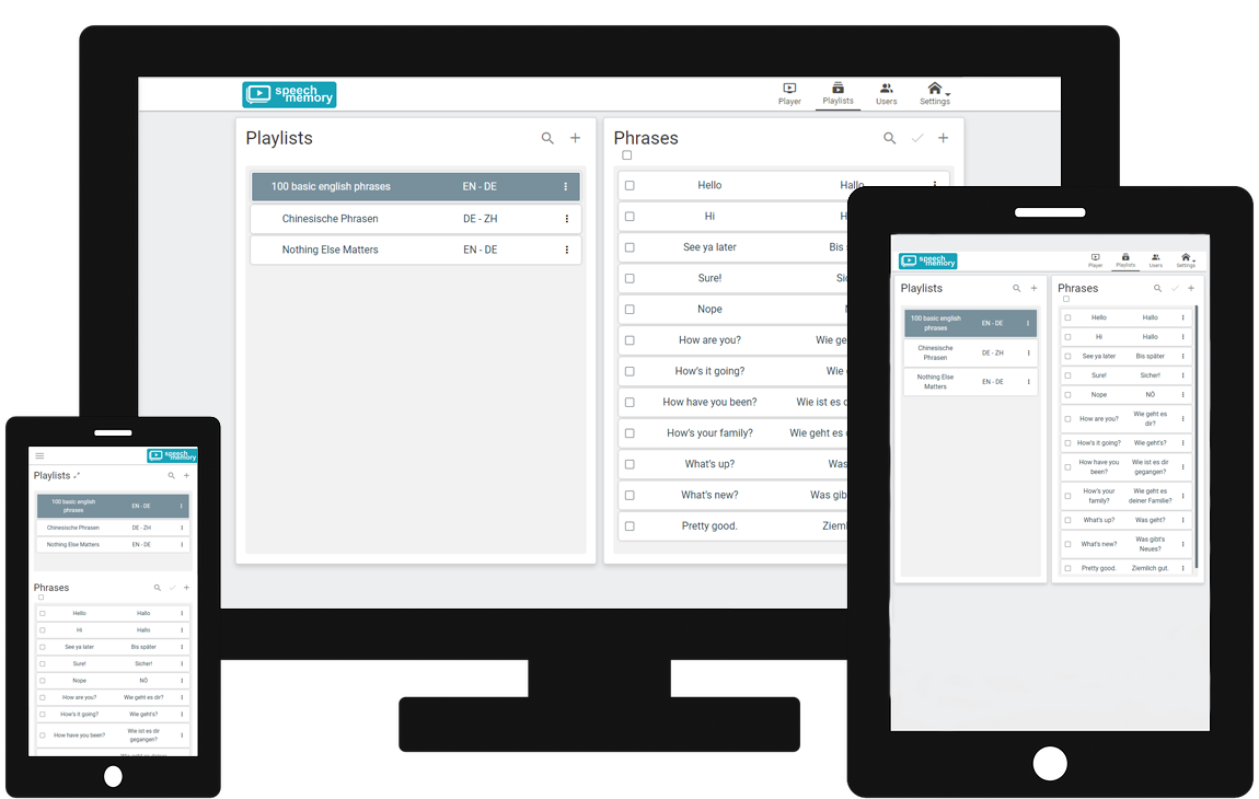 Speech memory app on desktop, touchpad and smartphone